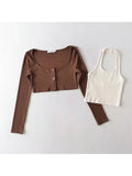 Women T-Shirts Y2k Two Piece Set Tee Top Harajuku Fashion Korean Vintage Sexy Long Sleeve Crop Top Funny T Shirts 2000s