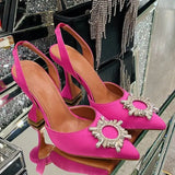 New Silk Sunflower Crystal Diamond Buckle High Heels Horseshoe Heel Women's