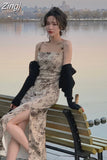 Women Slash Neck Sexy Strapless Retro Green Printing Elegant Temperament Fitting Suspender Slit Bodycon Long Midi Dress