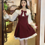 Vintage Lolita Dress Sets Cute Bow Kawaii Peter Pan Collar Puff Sleeve Shirt+High Waist Pleated Mini Skirt Lady