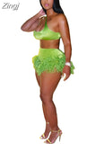 Feather Fringe Shorts Crop Top Two Piece Set Summer Women Sexy Bodycon Tracksuit Party Outfits 2023 Swimsuit