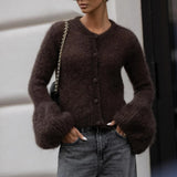 Retro Plush Horn Sleeve Sleeve Sleeve Shirt Single Buckle Embellishing White Brown Autumn And Winter Vintage Style