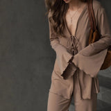 Casual Light And Thin Tight With Horn Sleeves Loose Waist Straight Trousers Knitting Set Spring And