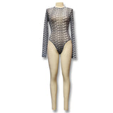 Sexy Long Sleeve Tight Body With Trend Letter Printing Mesh Perspective Conjoined