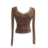 Wind Belt Chest Mat Lace Splicing Mesh Yarn Long-Sleeved T-Shirt Short Slim Top