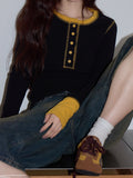 Design Sense Black Collar Splicing Woman 2025 Autumn High-End Temperament Waist Repair Knitted Long-Sleeved