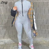 Turtleneck Zipper Skinny Jumpsuit Women Long Sleeve One Piece Neon Orange Bodysuit Female Running Fitness