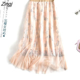 Long Tulle Midi Skirt Women Embroidery Butterfly High Waist Mesh Pleated Skrit Korean Sweet Pink Gray Tutu Skirts