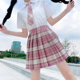 Pink JK Women Pleated Skirt Summer High Waist Fashion Tie Plaid Mini Skirt A Line Cute Sweet Japan Girls Dancing