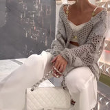 Zingj 2023 New Solid Color Fashion Hollow-Out Sweater Fashion Versatile Long Sleeve Sweater-Outfit