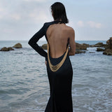 Women's Summer New Snake Bone Chain Black Dress Sexy One-Shoulder-Lexed