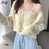 Autumn Women Knitted Two Piece Set Long Sleeve Loose Knitted Cropped Cardigan + Spaghetti Strap Camisole Top Clothing