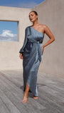 Zingj Years Sexy Inclined Shoulder Closed Waist Lace Satin Lantern Sleeve Dress Women's