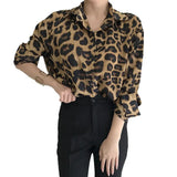 Chic Autumn Vintage Leopard Print Collar Single Buckle Loose Leisure Long-Sleeved Shirt