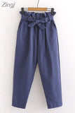 Spring Summer Bow Belt Solid Elastic High Waist Casual Harem Pants Korean Sweet Girls Ankle-Length Cotton Long