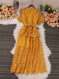 Vintage Women Hollow Out Lace Ruffle Long Dress Elegant Round Neck Short Sleeve High Waist Slim Maxi Party Vestidos