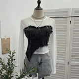 Feel Niche Cowboy Splicing Long-Sleeved Mesh T-Shirt Girl Summer Round Collar Dress Short Top