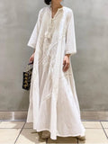 Solid Long Dress Women Loose Embroidered White Dress Female V Neck Lace Up Dress Ladies Elegant Beach Dress