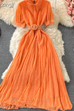 Vintage Polka Dot Pleated Long Dress Women Blue/Red/Purple Draped Vestidos Casual Female High Waist Big Swing Robe