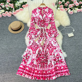 Zingj Luxury Retro French Round Collar Lantern Long Sleeve Print Dress Women's Belt With Loose Waist Show Thin Pleated