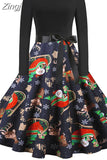Women Christmas Dress Vintage Robe Swing Elegant Party Xmas Long Sleeve Casual Print Black New Year