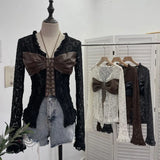 Shooting V Tie With Retro 2025 New Hottie Sexy Lace Splicing Pu Leather Hollow Shirt Top