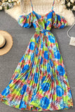 Summer Women's Spaghetti Strap Long Dress Bohemian Vacation Beach Party Pleated Vestidos Female New Fashion