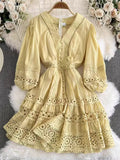Dress Women's New French Temperament Thin Design Small V-Neck Lace Single-Drace Ponoved