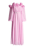 French Elegant Wind Shoulder Dress Dress 2025 New Splicing Three-Dimensional Flowers Decorated Long Dress