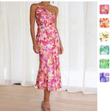New Fashion Print Temperament Collared Shoulder Sling Sling Mid-Long Dress