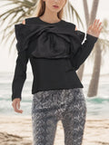 Zingj 2024 New Splice Bow Small Design Sense Black Long-Sleeved T-Shirt Female Careful Machine Off The Shoulder