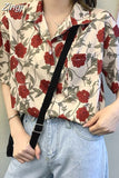 Women Shirts Short Sleeve Summer Sum-proof Harajuku Rose Print Vintage Retro Korean Style Loose Teens Streetwear Chic Tops