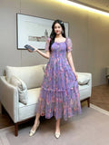Gentle Wind And Rags Retro Tea Chiffon Dress Female Waist Temperament Shoulder Bubble Sleeve Mesh