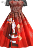 Christmas Costume Party Dress Women Short Sleeve Lace Vintage Winter Dress Robe Elegant Xmas Evening