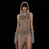 Zingj Summer New Women's Turtleneck Hood Fold Pull Rope Closed Waist Sexy Hollow Out Slit