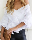 Harajuku Shirts White Blouse Sexy Off Shoulder Tops Solid V-Neck Fashion Women Blouse and Tops Y2K Clothes