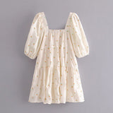 Women's New Square Collar Flower Print Short Sleeve Long Dress
