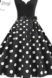 Dot Print Vintage Women Summer Dress Black Patchwork Sleeveless V neck Elegant Party Dresses Casual Robe
