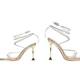 Zingj Summer New Square Head Rhinestone Sandal Fine Heel Open-Toe High Heels Crystal Sexy One Word With Roman