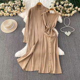 Temperament Long Knitted Shawl Coat + Light Luxury Metal Buckle Vest Dress