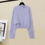 Women Winter Patchwork Long Sleeve Knitted Tops + Asymmetric Skirt 2 Piece Suit Female Party Elegant Two Piece Set 211-1-Outfit
