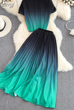 Women Pleated Two Piece Set Vintage Stand Collar Short Sleeve Draped Tops + High Waist Stretchy A-Line Skirt Suit