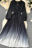 Draped Long Dress Women Elegant V-Neck Puff Sleeve High Waist Pleated A-Line Party Vestidos Female Spring