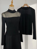 Zingj Show Thin Temperament Mesh Hollow Out Black Bottom Shirt Women's New Slim Half High Collar With Long-Sleeved