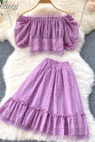 Women Hollow Out Lace Two Piece Set Orange/Purple/White Slash Neck Puff Sleeve Tops + High Waist Ruffle Skirt Beach