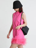 Zingj Design Sense Solid Color A-Line Skirt 2024 Spring Round Collar Sleeveless Hem Ostrich Hair Decoration Loose