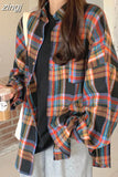 Harajuku Retro Women Oversize Plaid Shirt Spring Korean Turn Down Collar Button Long Blouse Female Long Sleeve