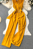 Vintage V-Neck Wide Leg Jumpsuits Women Elegant Red/Green/Orange Sleeveless High Waist Romper With Belts New Fashion
