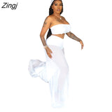 Women 2 Piece Set 2023 Summer Sexy Off Shoulder Crop Top + High Waist Wide Leg Mesh See Through Pants Beachwear vacation