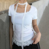 Hottie Style Solid Color Lace Splicing Short Sleeves Around The Neck Coat Folded Waist Collar Casual T-Shirt